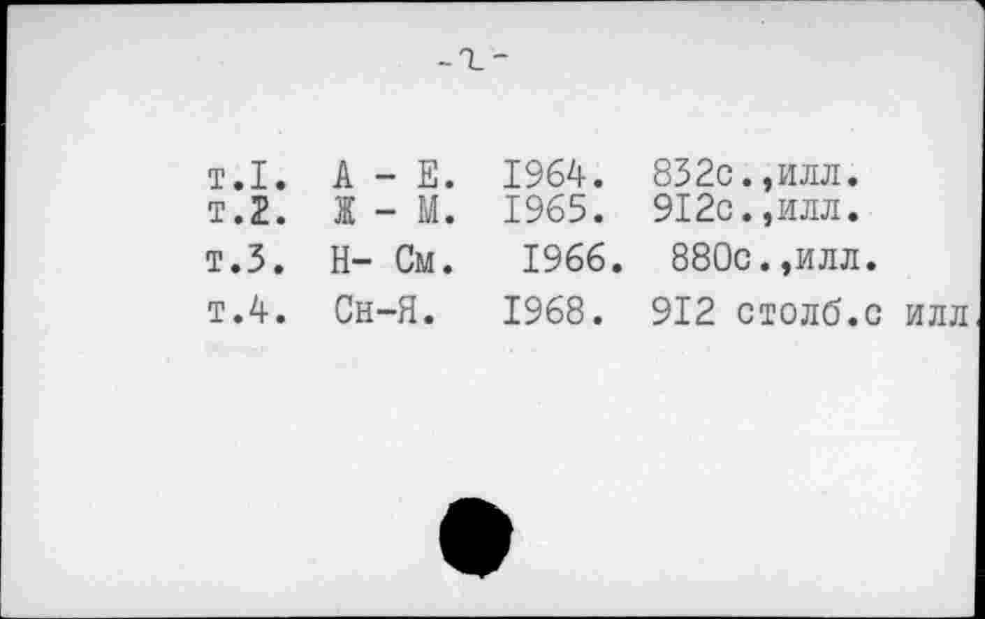 ﻿т.I. A - E. 1964.
T.2. Ж - M. 1965.
т.3. H- Cm. 1966.
T. 4. Сн-Я. 1968.
832c.,илл.
912c.,илл.
880c.,илл.
912 столб.с илл